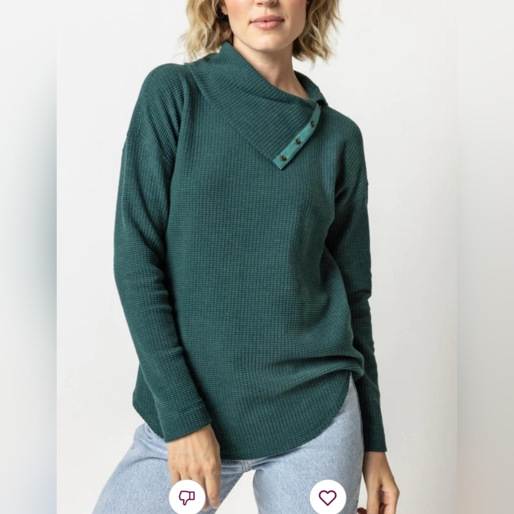 Lilla P Long Sleeve Waffle Knit Snap Collar Sweater Oversized Relax Fit Sz S